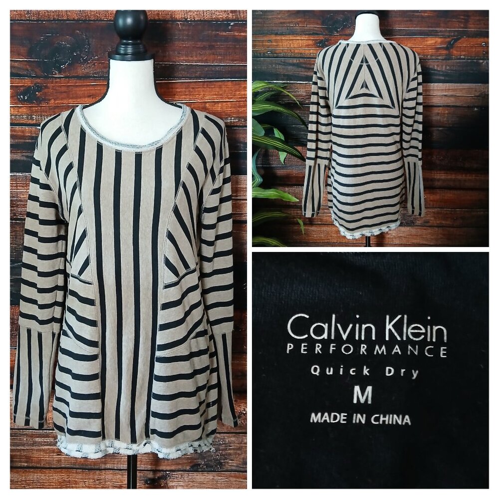 Calvin Klein Performance Top M Cotton Pullover Sweatshirt Contrast Stripe Tan